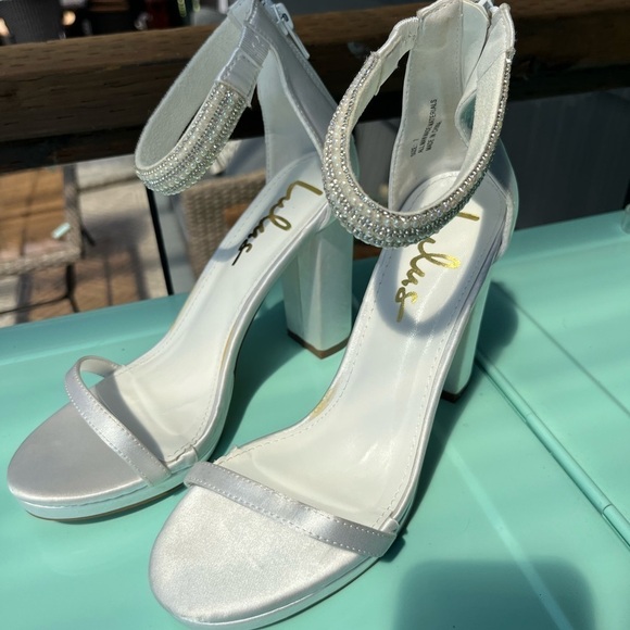 Lulu’s Delary White Satin Rhinestone Ankle Strap High Heel Sandals 7 - Picture 5 of 11